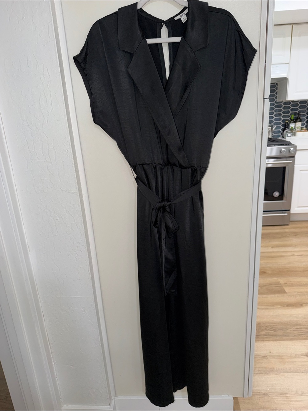 Bar III Black Satin Jumpsuit with Belt | PXL